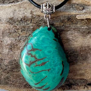Tagua Nut Necklace, Aqua Single Solid Slice Tagua Pendant, Tagua Slice Pendant Aqua