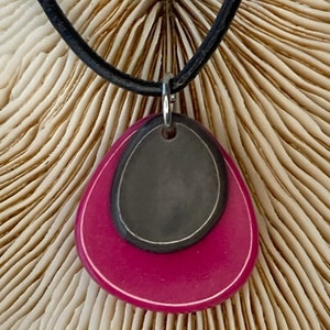 Tagua Nut Small Layered Pendant Hot Pink and Grey, Tagua Small Layered Necklace, Tagua Nut Pendant Hot Pink and Grey