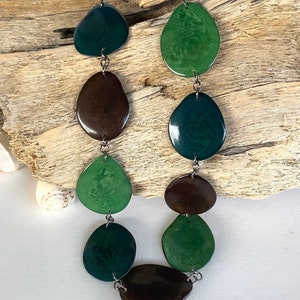 Long Tagua Nut Necklace, Charming Chain Tagua Necklace, Green, Dark Brown and Hunter Green Tagua Necklace