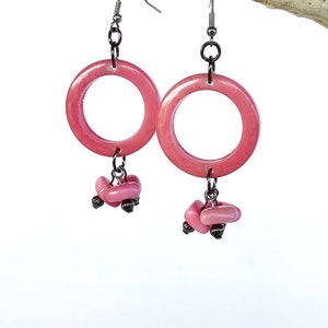Tagua Nut Ring Earrings, Pink Ring Earrings with Nugget Dangles, Pink with Pink Tagua Dangle Earrings
