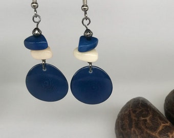 Tagua Nut Earrings, Royal Blue and Ivory Tagua Nut Earrings, Royal Blue and Ivory Tagua Dangle Earrings