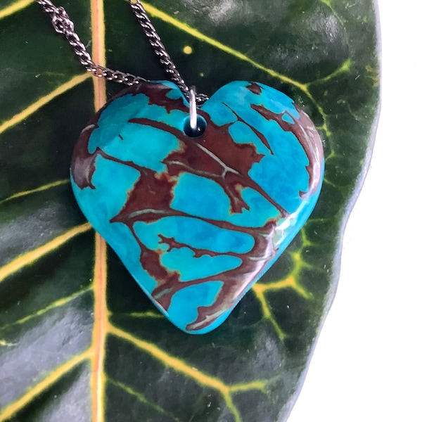 Tagua Nut Heart Necklace, Turquoise Heart Necklace, Heart Tagua Pendant Turquoise