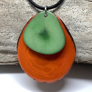 Tagua Nut Large Layered Pendant Orange and Dk Green, Tagua Large Layered Necklace, Tagua Nut Pendant Orange and Dk Green