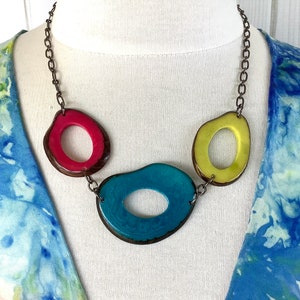 Tagua Nut Necklace, Triple O&#39;s Tagua Necklace, Hot Pink, Turquoise and Lime Tagua Necklace