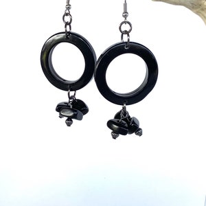 Tagua Nut Ring Earrings, Black Ring Earrings with Nugget Dangles, Black with Black Tagua Dangle Earrings
