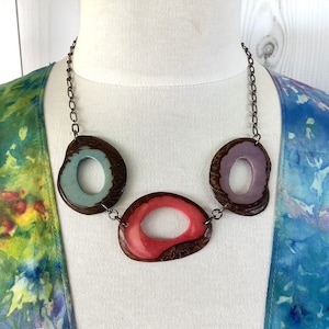Tagua Nut Necklace, Triple O&#39;s Tagua Necklace, Sky Blue, Pink and Lilac Tagua Necklace