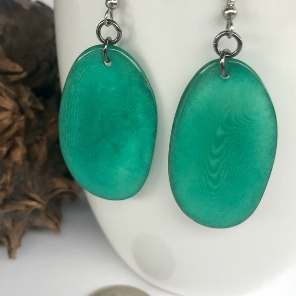 Tagua Nut Earrings, Aqua Tagua Nut Earrings, Simple Slice Tagua Nut Earrings, Aqua Vegatable Ivory Earrings