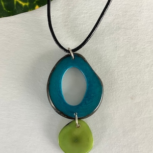 Tagua Nut Open Slice with Dangle Necklace, Turquoise and Green Tagua Open Slice Pendant, Owesome Dangle Tagua Necklace