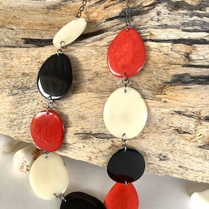 Long Tagua Nut Necklace, Charming Chain Tagua Necklace, Red, White and Black Tagua Necklace