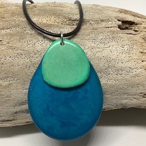 Tagua Nut Large Layered Pendant Turquoise and Aqua, Tagua Large Layered Necklace, Tagua Nut Pendant Turquoise and Aqua