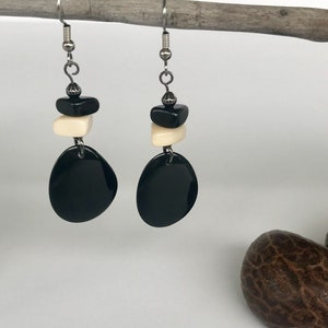 Tagua Nut Earrings, Black and White Tagua Nut Earrings, Black and White Tagua Dangle Earrings, Black and White Vegatable Ivory Earrings