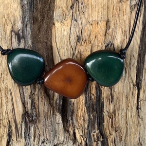 Tagua Nut Necklace, Three Slice Tagua Necklace, Hunter Green and Brown Necklace