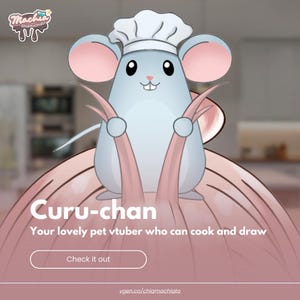 Puede incluir: Ilustración de dibujos animados de un ratón azul claro con un gorro de chef, orejas rosas y cola rosa. El texto "Curu-chan" se muestra debajo, junto con el texto "Your lovely pet vtuber who can cook and draw."