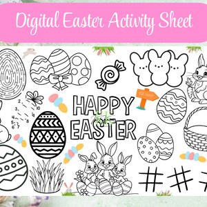 May include: A digital Easter activity sheet with black and white illustrations of Easter eggs, bunnies, a maze, and the words "Happy Easter." The text "Digital Easter Activity Sheet" is in a pink banner at the top.