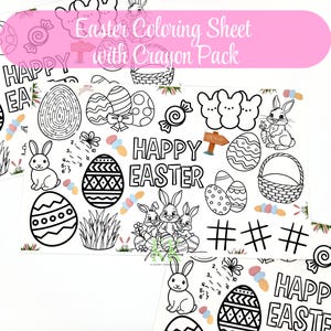 May include: Easter colouring sheets with a crayon pack. The sheets feature black and white illustrations of Easter eggs, bunnies, baskets, and the words "Happy Easter". The sheets are designed for colouring.