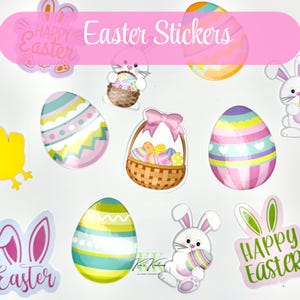 May include: A collection of colorful Easter stickers featuring eggs, bunnies, chicks, and baskets. The stickers have a variety of designs, including stripes, zigzags, and floral patterns. The text "Happy Easter" and "Easter Stickers" are also included.