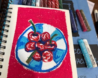 Bol de cerezas, pastel al óleo original
