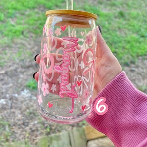 Custom Name Bow Glass Cup – Aesthetic 16oz Tumbler with Straw and Bamboo Lid | Girly Gift for Birthday, Teens or Bridesmaids