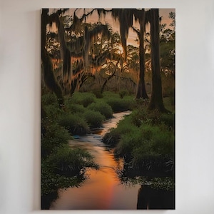 Sunset Over Swamp with Spanish Moss: Southern Landscape Art Canvas Print or Poster - 220