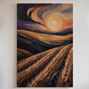 May include: A painting of a field of wheat with a sun setting in the background. The sky is a mix of purple, blue, and orange. The wheat is a golden brown color.