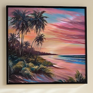 Tropical Sunset Beach Canvas Print or Poster: Vibrant Palm Tree Seascape - 194