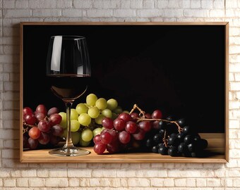 Elegant Wine Glass & Grapes: Culinary Still Art, Framed/Unframed Canvas or Poster - 266
