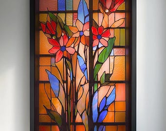 Könnte beinhalten: Gerahmtes Buntglas-Kunstwerk mit stilisierten Blumen in Rot-, Orange- und Blautönen. Das Kunstwerk hat einen warmen, bernsteinfarbenen Hintergrund und einen schwarzen Rahmen. Das Stück ist an einer weißen Wand befestigt.