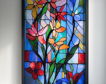 Könnte beinhalten: Ein gerahmtes Buntglasfenster mit bunten Blumen in Rot-, Rosa-, Gelb- und Orangetönen vor blauem Hintergrund. Das Kunstwerk ist schwarz gerahmt und hängt an einer weißen Wand.