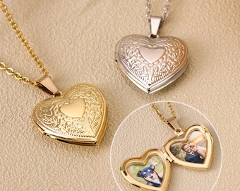 Collar con medallón de corazón de oro personalizado con foto, collar con medallón de corazón de plata esterlina, medallón con foto grabada personalizada, regalo para ella