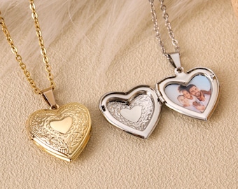 Personalized Gold Heart Locket Necklace with Photo, Sterling Silver Heart Locket Necklace, Personalized Engraved Photo Locket, Gift for Her
