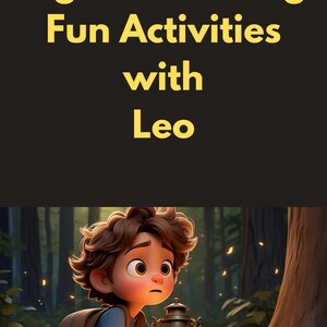 May include: A cartoon boy with brown hair and a blue shirt holds a lantern in a woodland setting. The lantern is lit and casting a warm glow. The image is titled "English Learning Fun Activities with Leo".