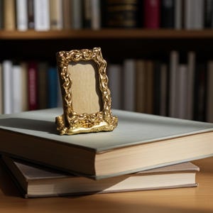 Puede incluir: Un pequeño marco dorado ornamentado con un diseño texturizado se encuentra sobre dos libros de tapa dura. Los libros tienen cubiertas azul claro y marrón. El fondo es una estantería borrosa.