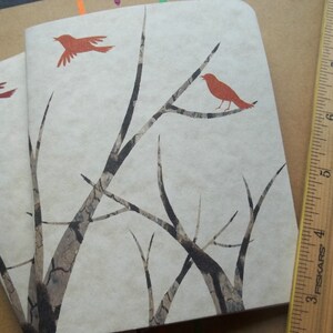 Beautiful Handmade -Eco Autumn / Fall inspired Jotters. Dark Orange & Red Birds fly over Breezy branches.Modern Stationery.