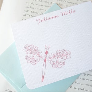 Beautiful Linen Swirly Dragonfly Personalized Stationery Set of 10 notecards and envelopes.