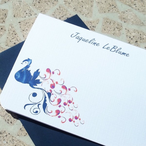 Linen Blue Swan w/ Flaming Feathers.Personalized Stationery Set of 10 notecards and envelopes. Modern stationery.