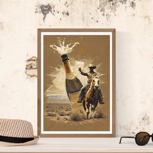 May include: A vintage-style illustration of a cowboy riding a horse with a champagne bottle popping in the background. The cowboy is holding a glass of champagne and the bottle is spraying champagne.
