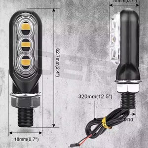May include: Black motorcycle turn signal lights, 62.7mm (2.4") long and 18mm (0.7") wide. The lights have a black housing with amber and white LEDs. The wire is 320mm (12.5") long.