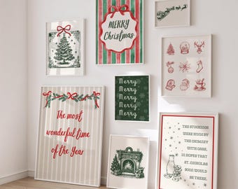 May include: A collection of framed Christmas-themed art prints. The prints feature festive imagery such as Christmas trees, Santa, and holiday greetings. The color palette includes red, green, and white, creating a cheerful holiday atmosphere.