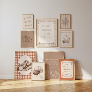 May include: A gallery wall set of nine framed prints featuring autumn themes, including a cornucopia, a turkey, a ship, and pumpkins. The prints display text such as "In all things give thanks" and "Grateful thankful blessed" in brown and cream tones.