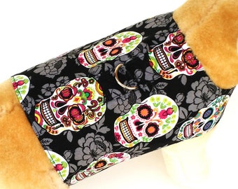 Sugar Skulls Pet Harness Vest Coat Jacket for Small Dog Puppy Cat Kitten Skeleton Black Floral Day of the Dead Costume Party Skull Halloween