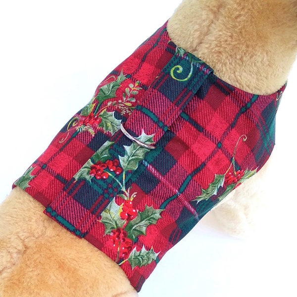 Christmas Holly Tartan Plaid Pet Harness Vest Coat Jacket Red & Green Santa Elf for Small Dog Puppy Cat Kitten Costume Holiday Party Sweater