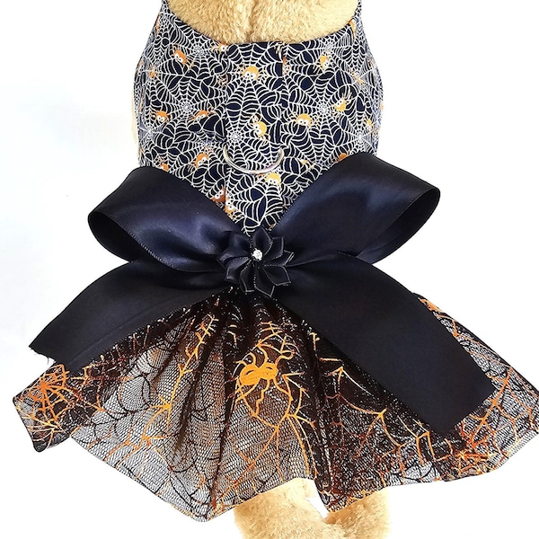 Halloween Pet Harness Dress Spiders & Webs Vest Shimmery Tutu Skirt for Small Dog Puppy Cat Kitten  Black | Orange Costume Trick or Treat