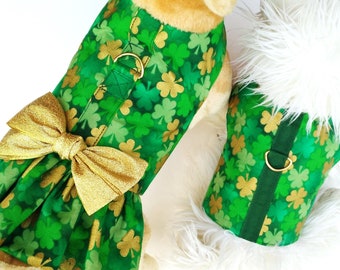 Irish Pet Harness Green & Gold Shamrocks Party Dress or Vest Clothes for Small Dog Puppy Cat Kitten St. Patrick's Day Ireland Paddy's Clover