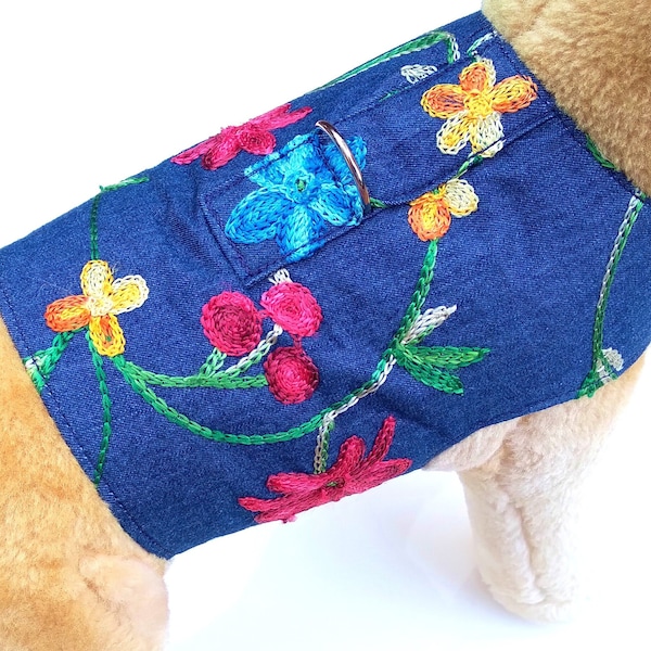 Boho Embroidered Floral Denim Pet Harness Lightweight Vest Red Yellow Green Blue for Small Dog Puppy Cat Kitten Spring Summer Fashion Flower