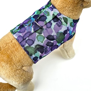 May include: A pet harness featuring a watercolor-style abstract pattern in shades of purple, dark blue, and green. The harness is worn by a tan plush animal and includes a silver-toned metal D-ring centered on the back for leash attachment.