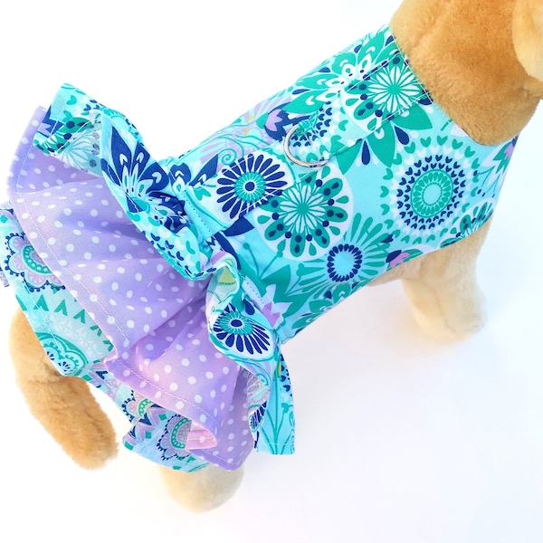 Lavender & Teal Pet Dress Harness for Small Dog Puppy Cat Kitten Triple Skirt Tutu Fashion Princess Party Pastel Green Blue Costume Clothes