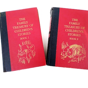 Family Treasury of Children&#39;s Stories Vintage Set of 2 Books Home Library Decor Bookshelf Classics Poems Songs Mother Goose Fairy Tales