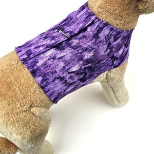 May include: A purple and white patterned dog harness with a silver clip. The harness is made of soft fabric and is designed for comfort.