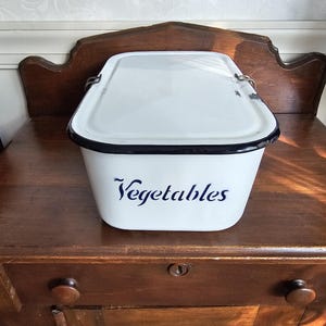 Vintage Enamelware Vegetable Storage Bin Refrigerator Crisper Drawer White w Black Lettering Functional Collectible