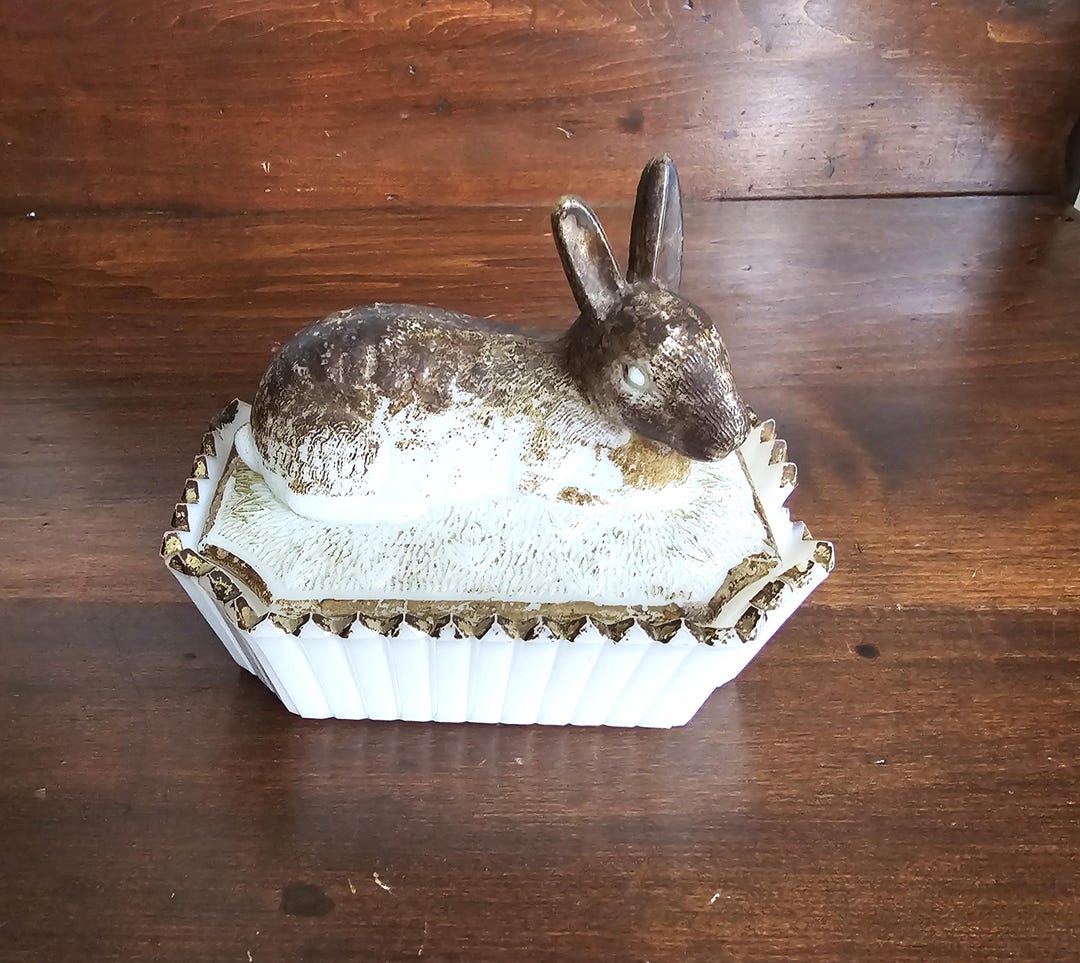 Antique Westmoreland Milk Glass Rabbit Bunny on Nest Covered Dish ...